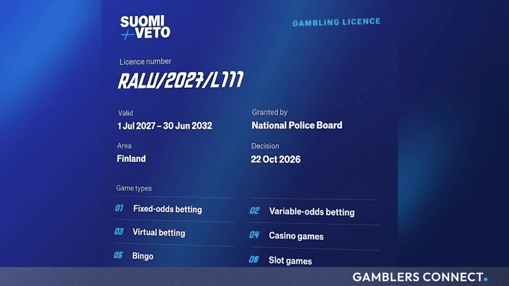 Official SuomiVeto gambling licence document details issued by the National Police Board in Finland