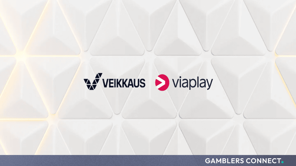 Veikkaus and Viaplay corporate logos set against a white geometric textured background representing international gaming collaboration