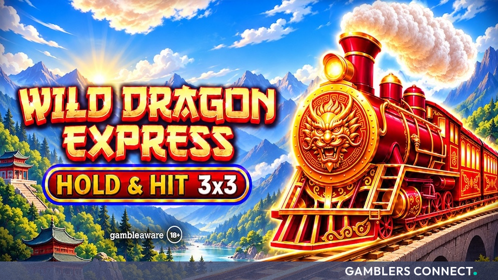 Promotional image for Spinomenal's Wild Dragon Express - Hold & Hit 3x3 slot featuring a golden dragon train traveling across a mountain landscape.